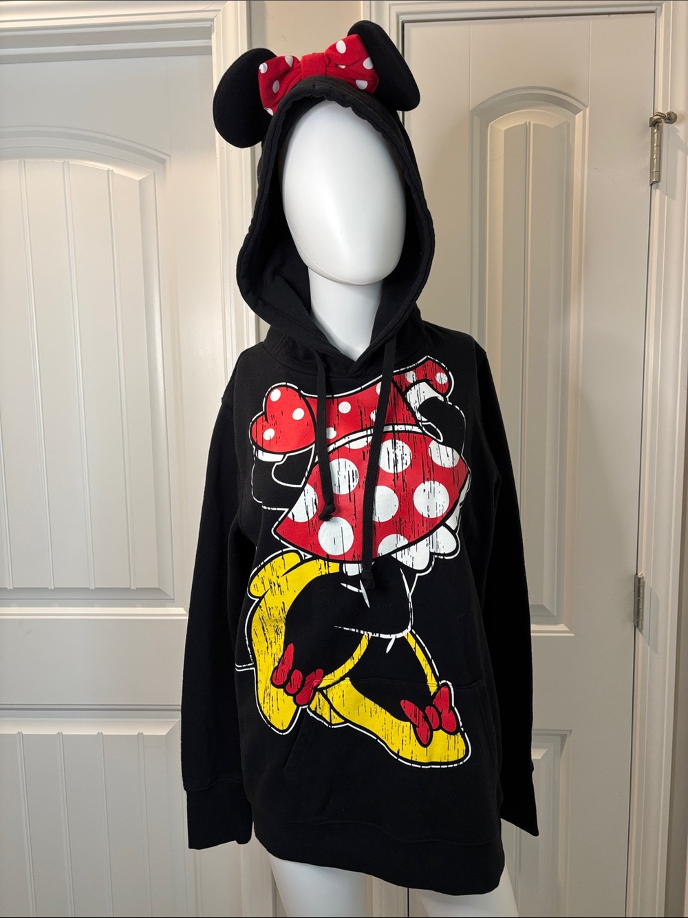 Disney Parks Black Crewneck Minnie Mouse Hooded Sweatshirt Size Large